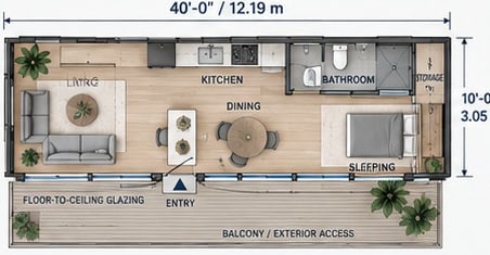Floor plan, option 1: maximum open living with bedroom at one end