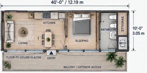 Floor plan, option 2: central bathroom core for greater sleeping privacy