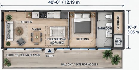 Floor plan, option 3: balanced, flexible layout with sofa-bed sleeping