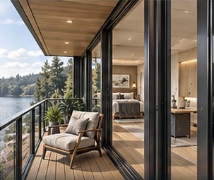 Balcony with lounge chair and glass guardrail overlooking a lake