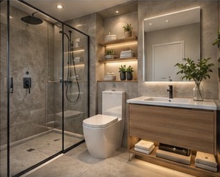 Full-size bathroom with glass shower and floating vanity