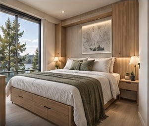 Bedroom with storage bed, timber panelling and forest view