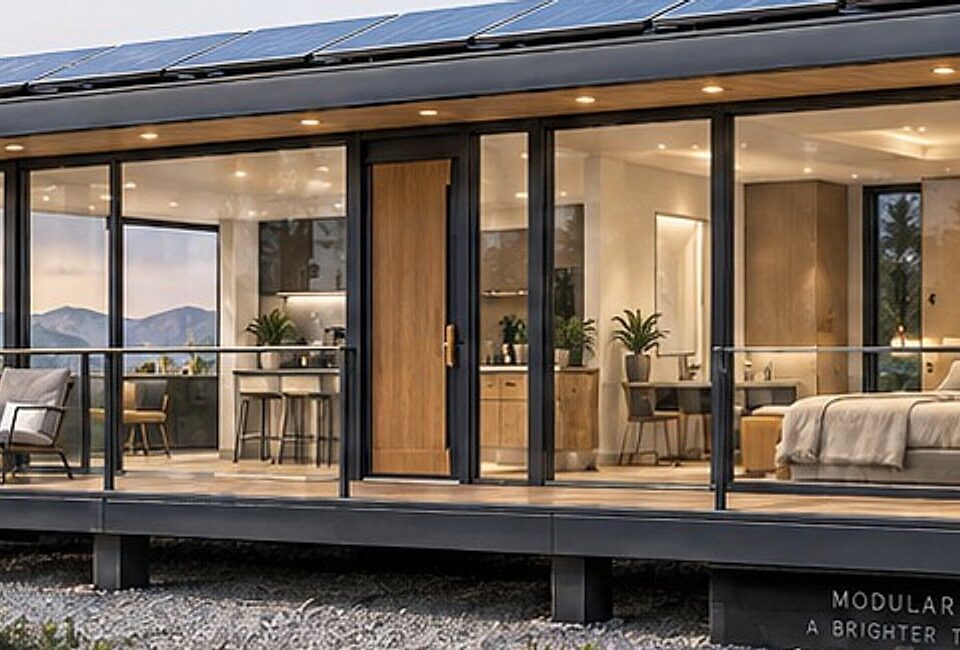 Front perspective of the modular home with floor-to-ceiling glazing, balcony and lake view