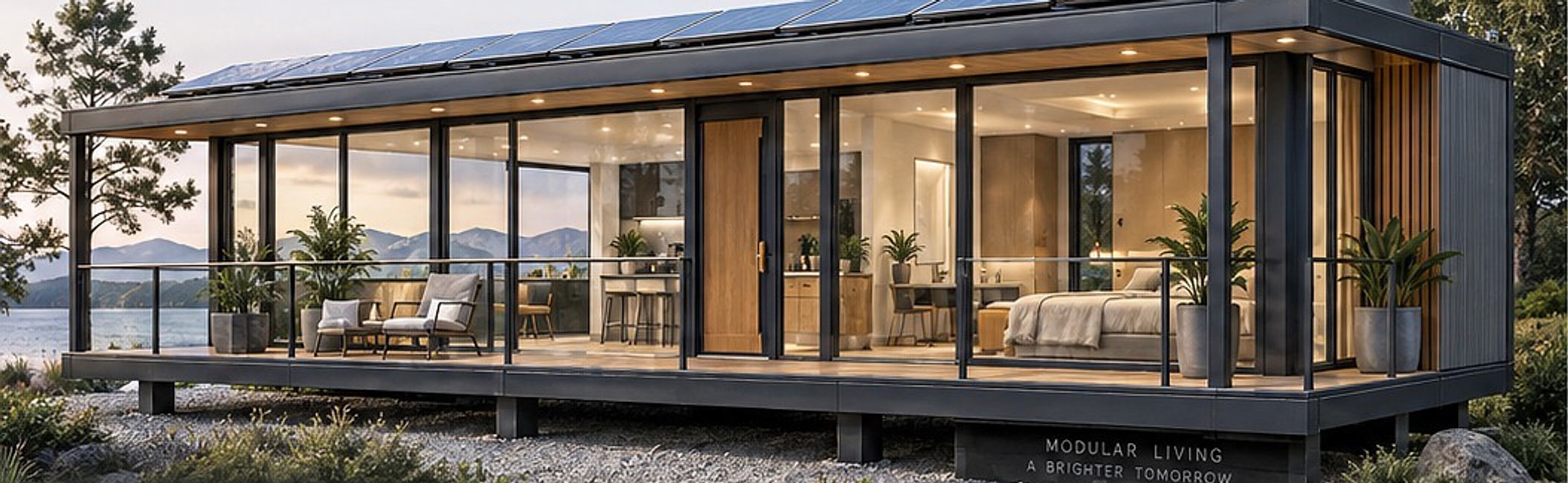 Front perspective of the modular home with floor-to-ceiling glazing, balcony and lake view