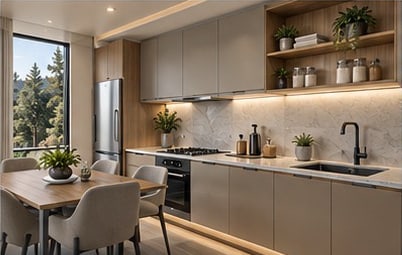 Modern kitchen and dining area with warm timber cabinetry
