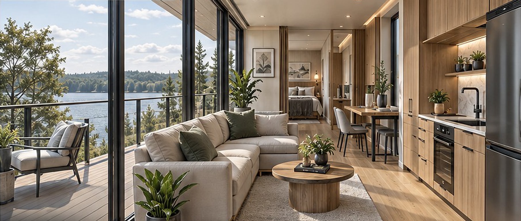 Open living area with sectional sofa, lake view and balcony